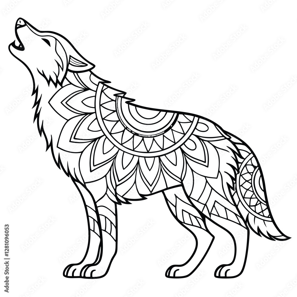 Obraz premium Intricate Wolf Mandala Coloring Page: Detailed Line Art Illustration of Howling Wolf for Relaxation and Creative Coloring Fun for Adults & Kids