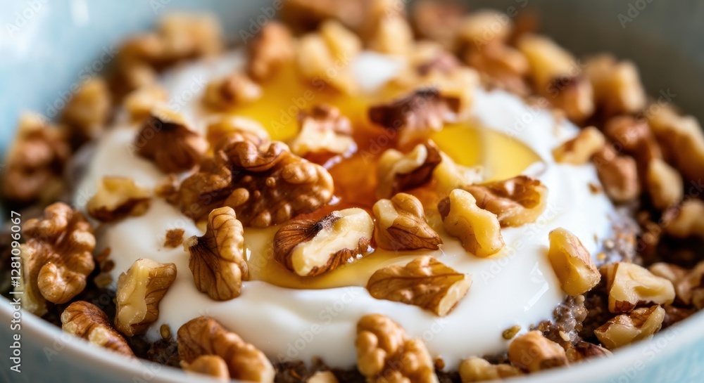 Healthy breakfast with yogurt, walnuts, and honey topping Healthy breakfast with yogurt, walnuts, and honey topping