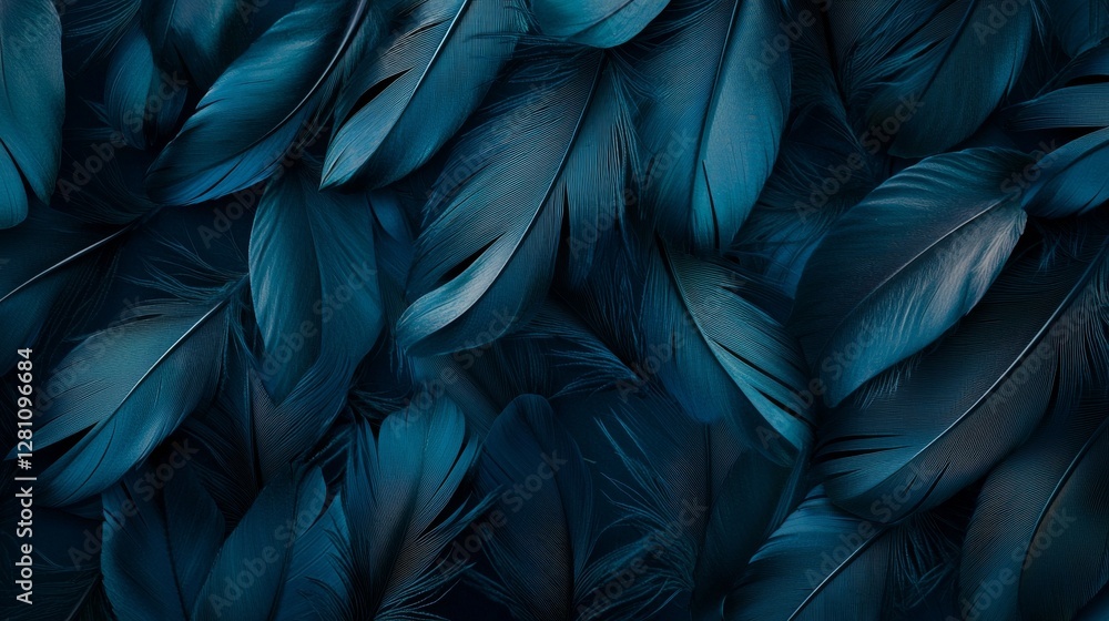 Teal feathers scattered on a teal background, resulting in a vivid and textured pattern Teal feathers scattered on a teal background, resulting in a vivid and textured pattern