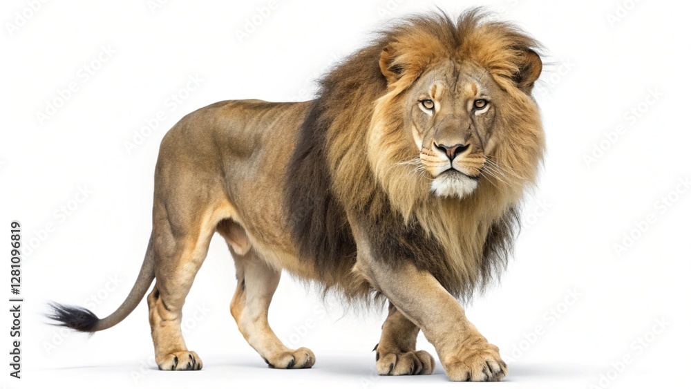 Obraz premium Side view of a Lion walking, looking at the camera, Panthera Leo, 10 years old, isolated on white