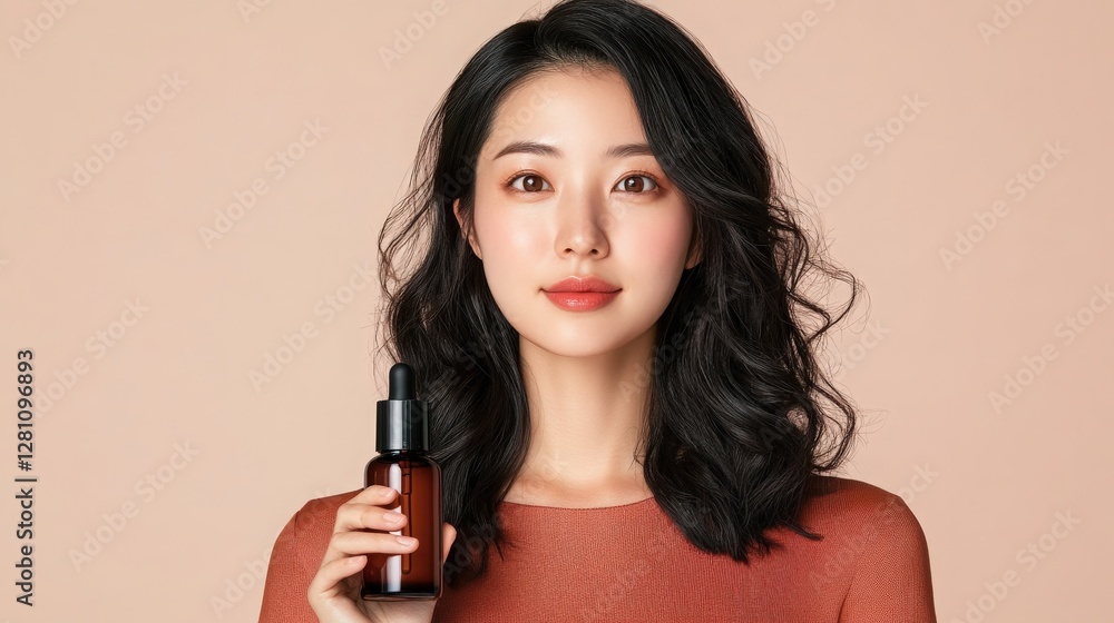 Young Woman with Curly Hair Holding Serum Bottle Young Woman with Curly Hair Holding Serum Bottle