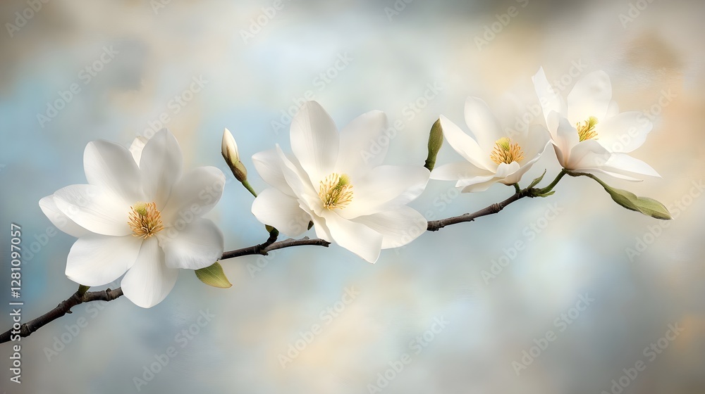 Delicate Magnolias Against Soft Blurred Light Blue Background Delicate Magnolias Against Soft Blurred Light Blue Background