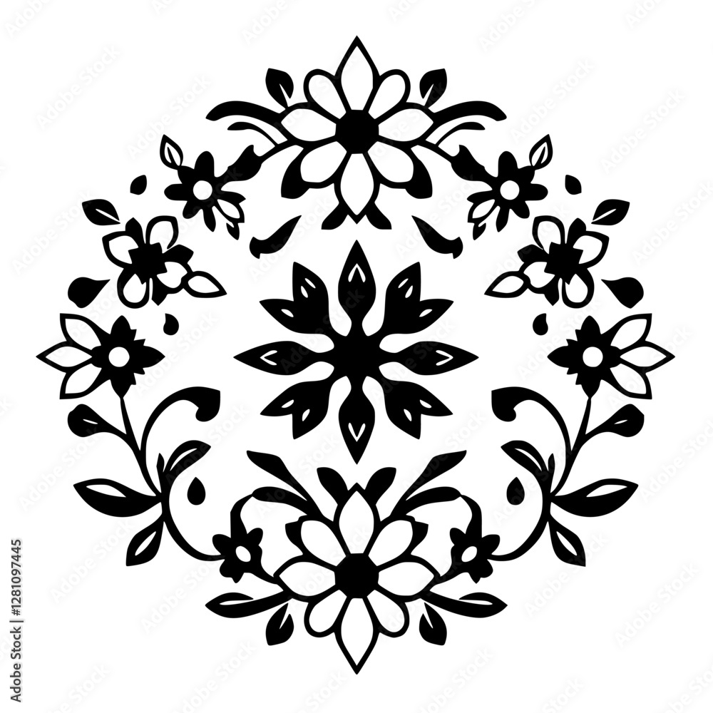 Fototapeta premium Black and White Floral Symmetry: Symmetry, Organic Forms, Floral Design, Geometric Pattern.