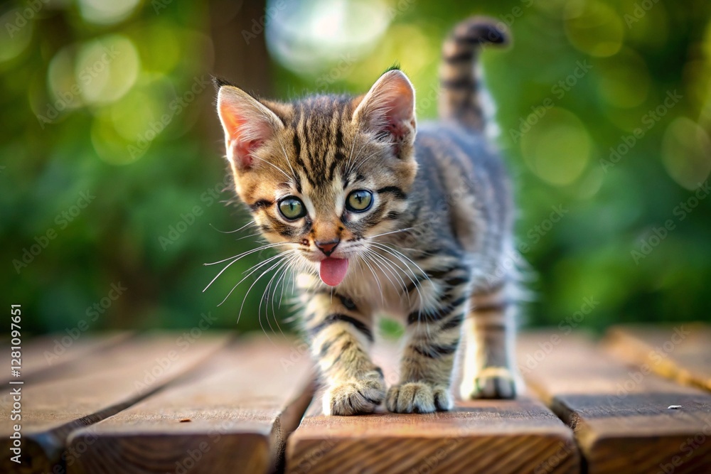 Naklejka premium Striped tabby kitten walks across board while licking nose