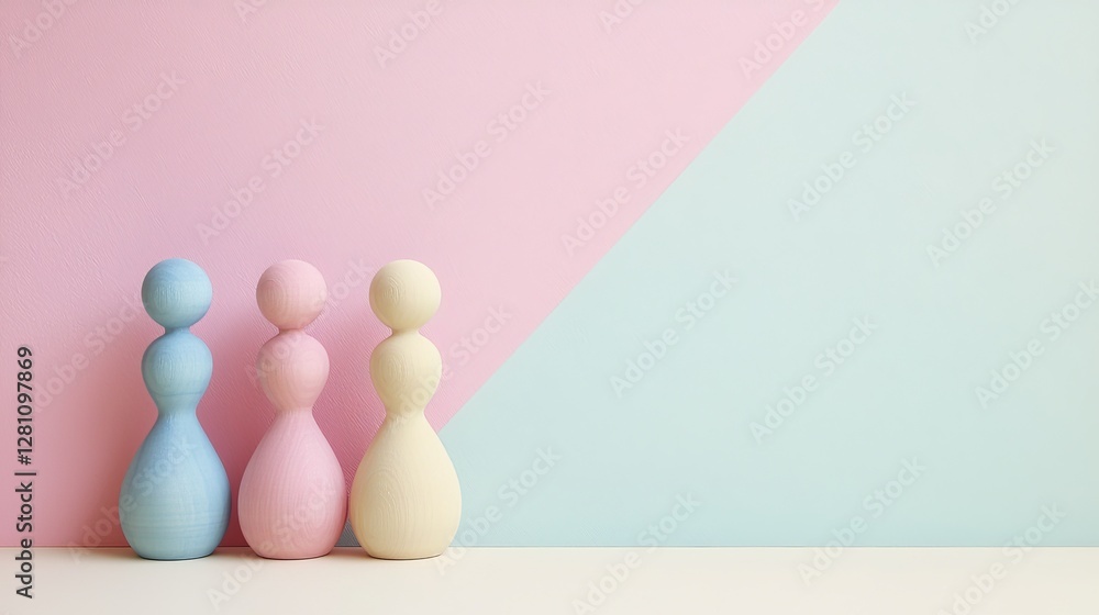 Blue male figures alongside a single pink female figure underscore gender representation, individuality, and societal roles through simplicity and contrast Blue male figures alongside a single pink female figure underscore gender representation, individuality, and societal roles through simplicity and contrast
