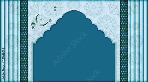 Floral texture Islamic banner background | Abstract vector background with multi pattern object, moon, star, lamp, shadow for Eid, Ramadan, Greeting, Flyer, Decoration with blue, platinum color 