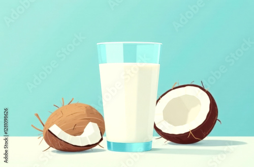 A glass of coconut milk and a coconut on a pastel blue background. Plant-based milk.