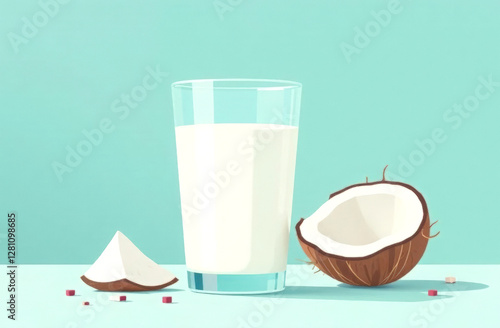 A glass of coconut milk and a coconut on a pastel blue background. Plant-based milk.