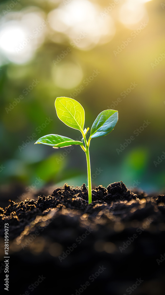 Fototapeta premium A young plant sprouting from rich soil, with sunlight shining on it, symbolizing growth and new beginnings 