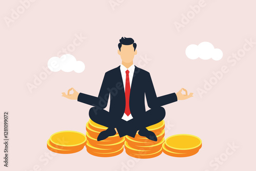 Financial guru or expert, behavioral finance mindfulness for wealth management, money and investment advisor concept, smart businessman meditate and floating on big golden money dollar coin