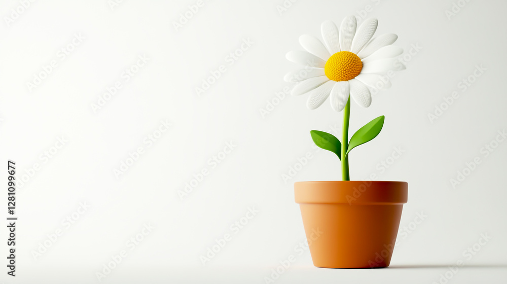 3D icon of a cute flower in a clay style, a white daisy with a green stem growing out from the pot 3D icon of a cute flower in a clay style, a white daisy with a green stem growing out from the pot