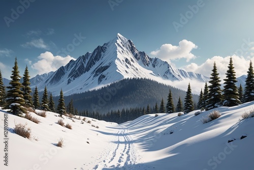 Wallpaper Mural snowy mountain with a trail in the foreground and trees in the foreground Torontodigital.ca