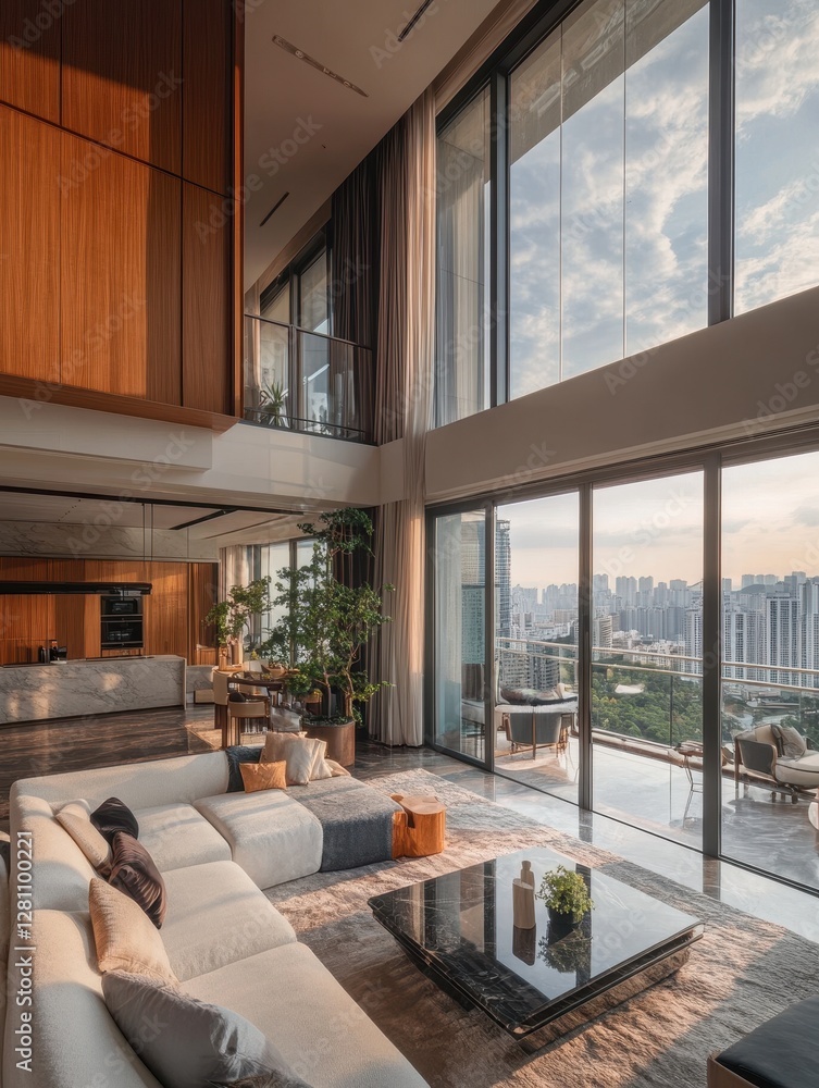 Fototapeta premium Spacious modern living room with large windows and city views