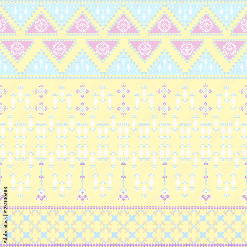 Yellow and blue geometric, Navajo seamless pattern with ethnic motifs. Native American or geometric vector texture for design or print, textiles, sarees, and wallpaper. Yellow and blue geometric, Navajo seamless pattern with ethnic motifs. Native American or geometric vector texture for design or print, textiles, sarees, and wallpaper.