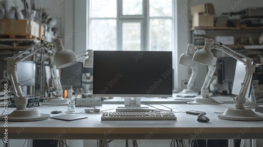 A sleek computer monitor and a keyboard are positioned neatly on a contemporary desk within a modern room setting. A sleek computer monitor and a keyboard are positioned neatly on a contemporary desk within a modern room setting.