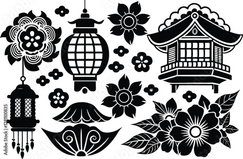 Asian design element set. Vector decorative collection of patterns, lanterns, flowers , clouds, ornaments in Chinese and Japanese style.