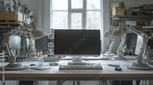 Wallpaper Mural A sleek computer monitor and a keyboard are positioned neatly on a contemporary desk within a modern room setting. Torontodigital.ca