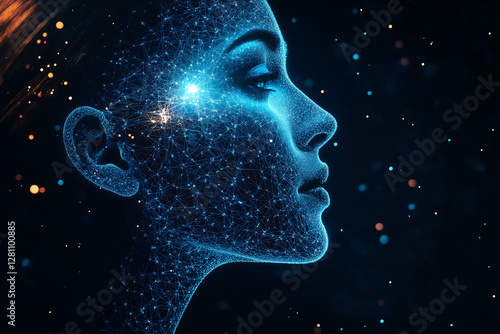 Digital representation of a woman’s profile illuminated with glowing network patterns and stars at night, emphasizing beauty and technology