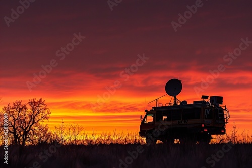 TV News Truck Silhouetted against a Dramatic Sunset Sky photo