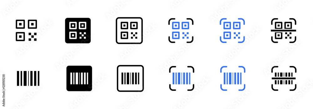 QR code and barcode icon. QR scanner vector illustration. Barcode symbol. Mobile scanning square outline sign isolated. QR code and barcode icon. QR scanner vector illustration. Barcode symbol. Mobile scanning square outline sign isolated.