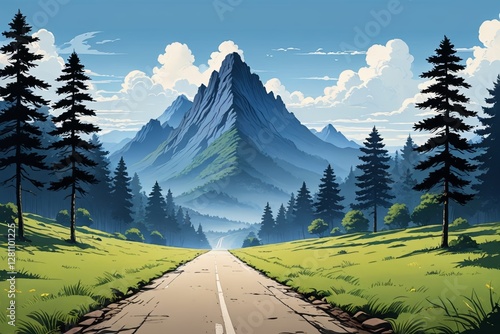 there is a road going through a green valley with mountains in the background