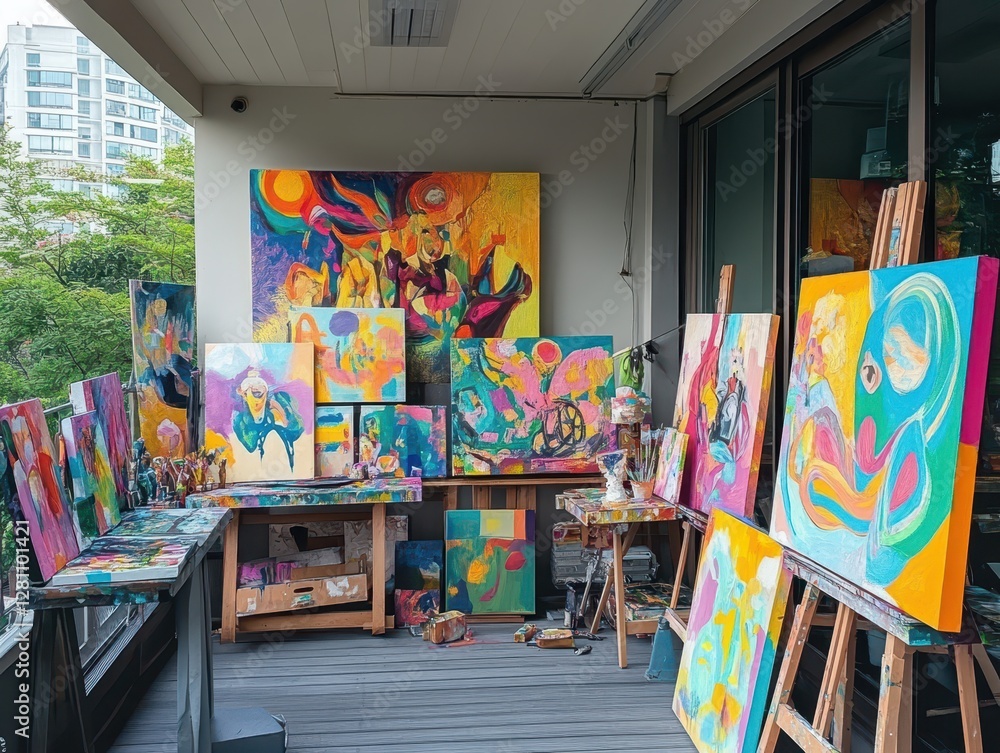 Fototapeta premium Paintings canvases and supplies are scattered around an outdoor studio space