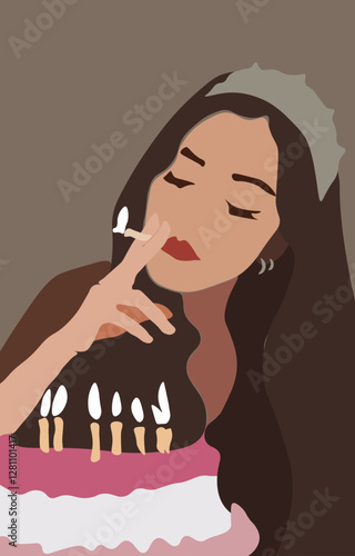 Abstract Fashion Trendy Portrait Birthday Girl Cool Ignites Birthday Cake With Crown Vector Design