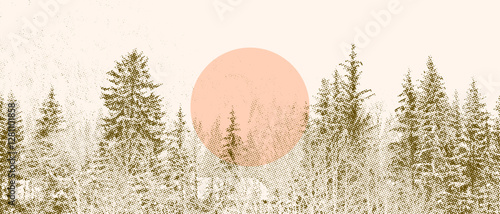 Retro styled image of coniferous forest with sun in the background