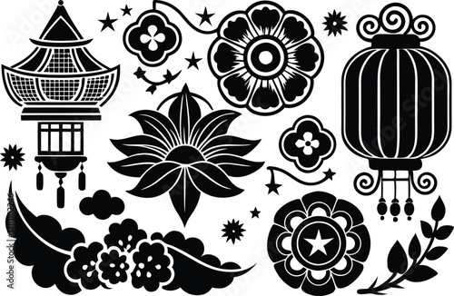 Asian design element set. Vector decorative collection of patterns, lanterns, flowers , clouds, ornaments in Chinese and Japanese style.