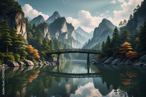 there is a bridge over a river in a mountain valley