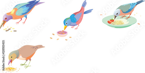Bird eating food watercolor vector art design on white background