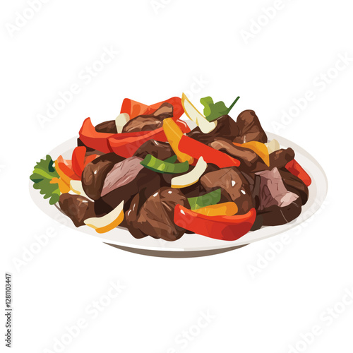 Flat vector lomo saltado, minimalist design, isolated on a white background.

