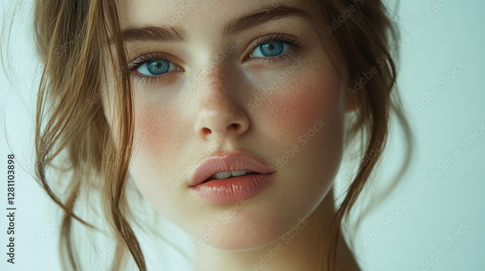 close up portrait of a young woman girl model clean aesthetic skincare glowing skin blue eyes lip filler full lips white background close up portrait of a young woman girl model clean aesthetic skincare glowing skin blue eyes lip filler full lips white background
