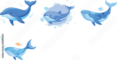 Blue wheal big fish watercolor vector art design white background 