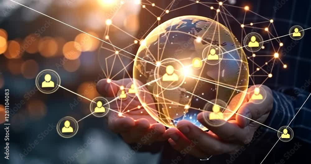 Hand holding a glowing globe with connecting lines and dots in a blurred background Hand holding a glowing globe with connecting lines and dots in a blurred background