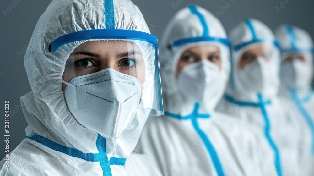 A group of ICU professionals in protective gear, preparing for an emergency procedure A group of ICU professionals in protective gear, preparing for an emergency procedure