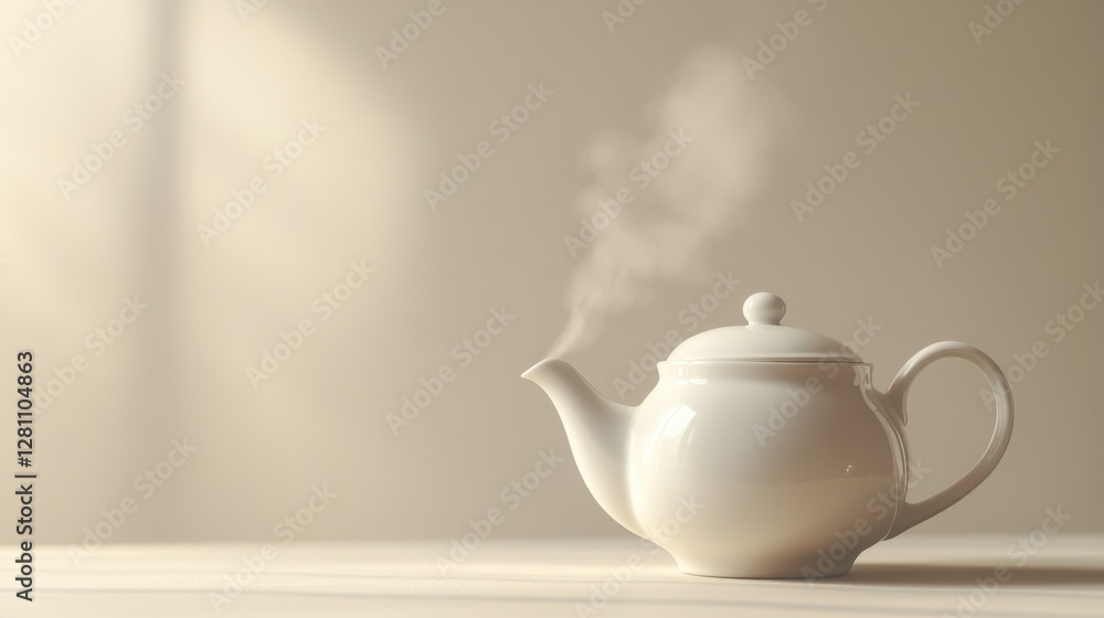 Open white ceramic teapot with steam on a beige background, copy space. Open white ceramic teapot with steam on a beige background, copy space.