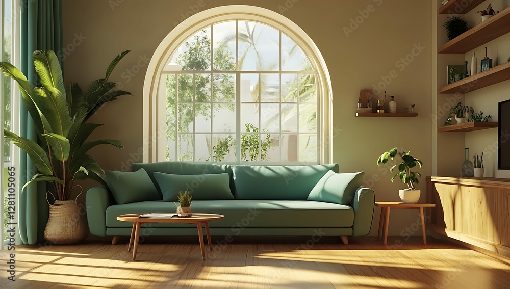 Relaxing Living Room with Wooden Floors and Light Beige Accents in Sunlit Indoor Space Relaxing Living Room with Wooden Floors and Light Beige Accents in Sunlit Indoor Space