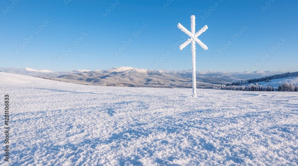Snowy mountaintop cross sign, winter landscape Snowy mountaintop cross sign, winter landscape