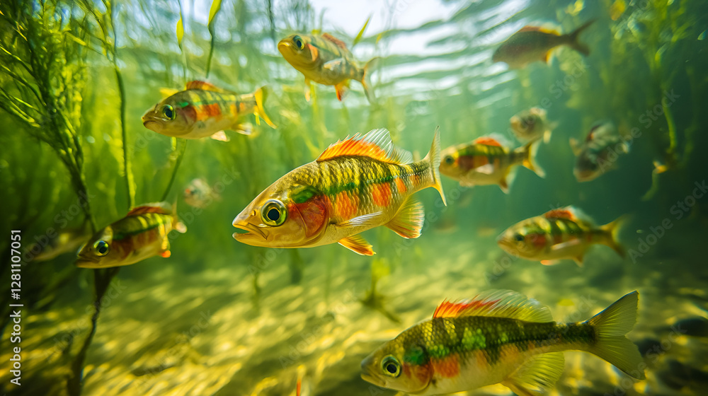 Naklejka premium Vibrant underwater scene of colorful perch swimming through lush aquatic vegetation in a serene environment
