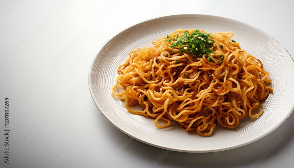 plate of fried noodles on the white background with copy space. plate of fried noodles on the white background with copy space.