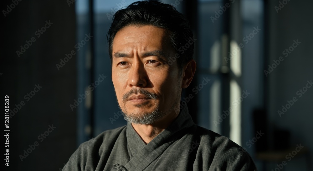 Mature asian male in thoughtful pose under soft lighting indoors Mature asian male in thoughtful pose under soft lighting indoors