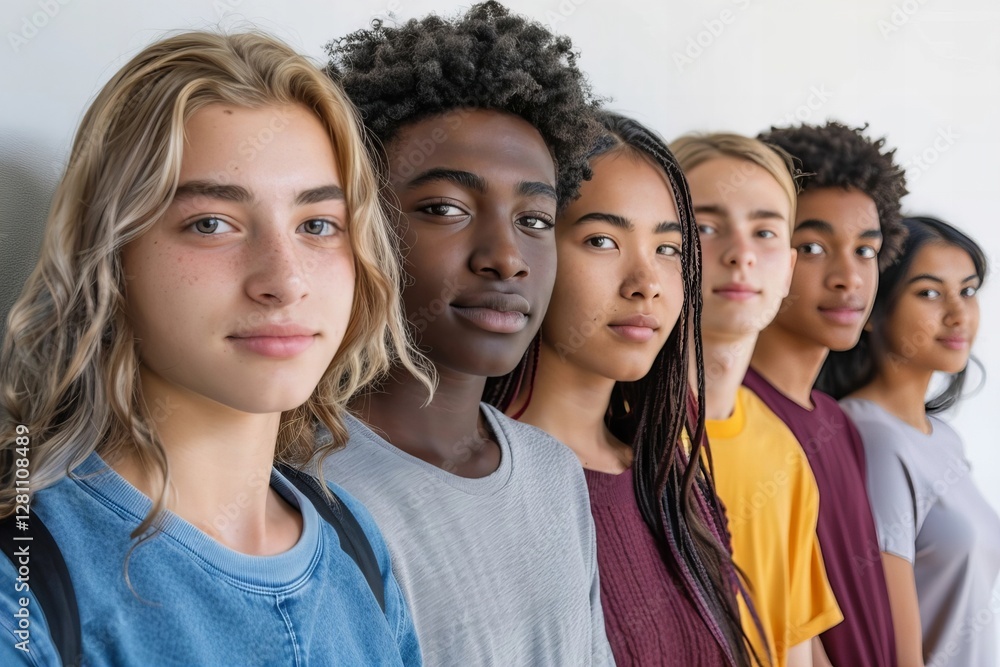 College Students Posing in a Line Against White Background College Students Posing in a Line Against White Background