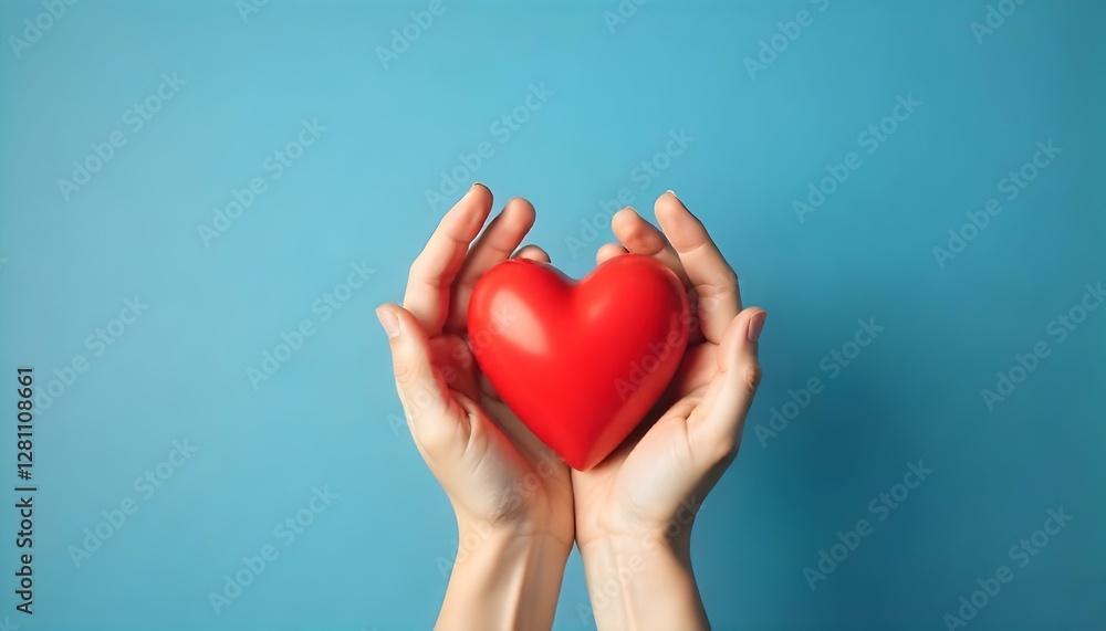 skin hands holding a red heart on a blue background skin hands holding a red heart on a blue background