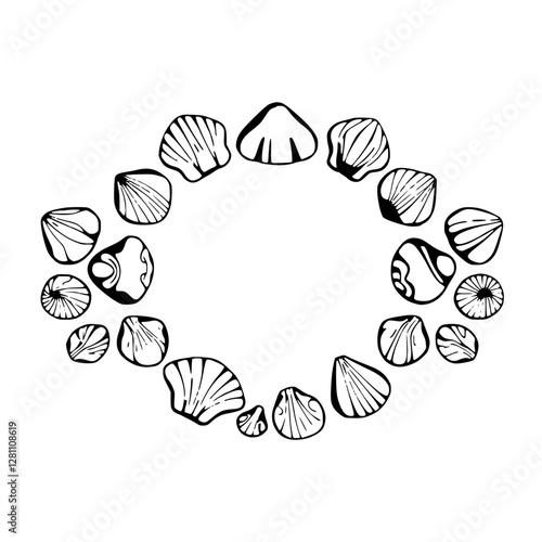 Black and white illustration of sea shells forming a circular shape in a minimal style on a white background.