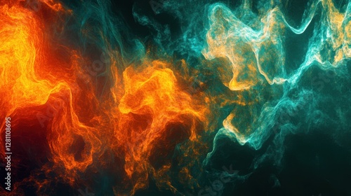 Abstract fiery and icy swirls, orange and teal colors mixing, dynamic energy.
