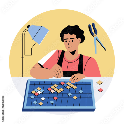A flat illustration of music artist making a design 