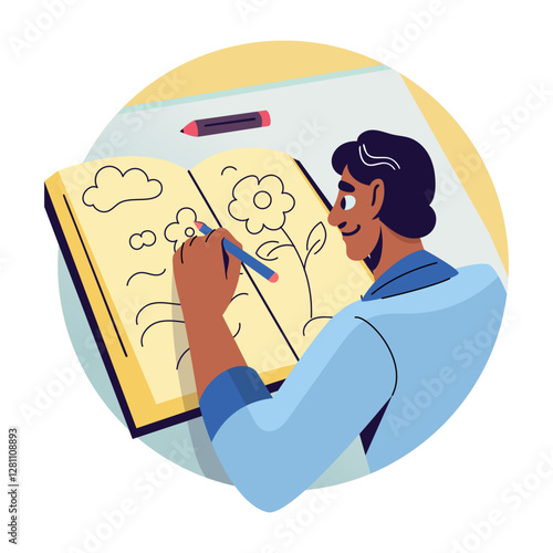 A flat illustration of a character making hand drawing on a sketchbook 