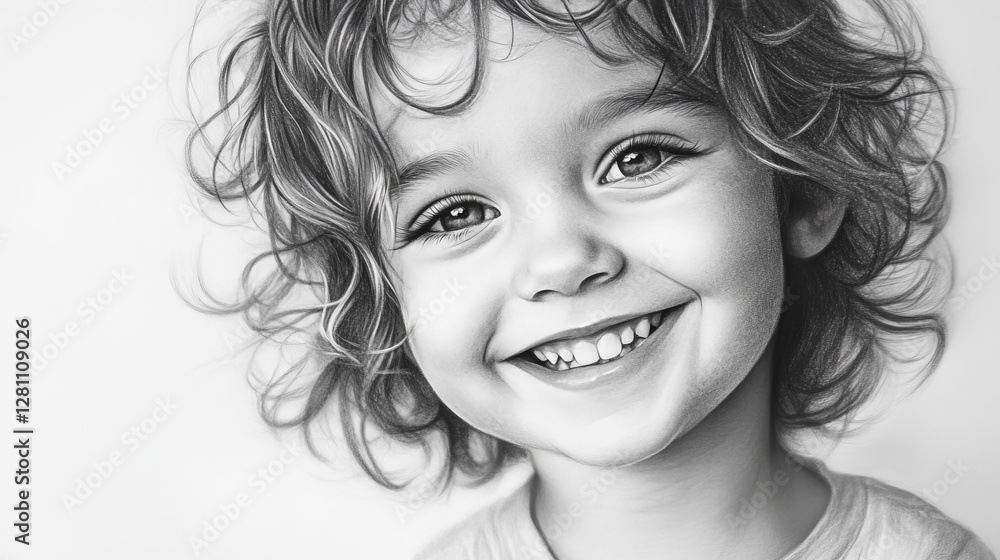 Smiling Child with Curly Hair in Black and White Illustration Style Smiling Child with Curly Hair in Black and White Illustration Style