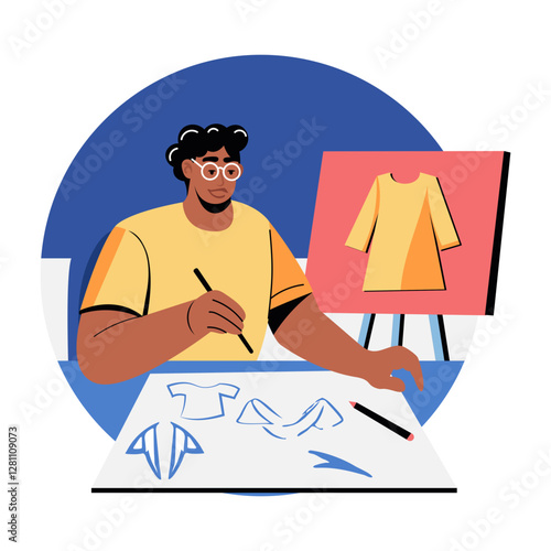 A flat illustration of a character making shirt painting 